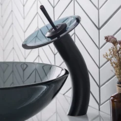 Waterfall Bathroom Faucet with Clear Black Glass Disk in Oil Rubbed Bronze