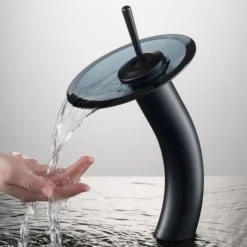 Waterfall Bathroom Faucet with Clear Black Glass Disk in Oil Rubbed Bronze