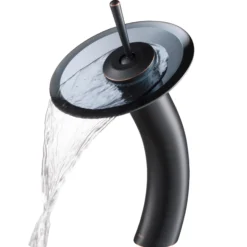 Waterfall Bathroom Faucet with Clear Black Glass Disk in Oil Rubbed Bronze