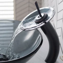 Waterfall Bathroom Faucet with Clear Black Glass Disk in Oil Rubbed Bronze