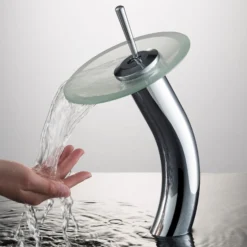 Waterfall Bathroom Faucet with Frosted Glass Disk in Chrome