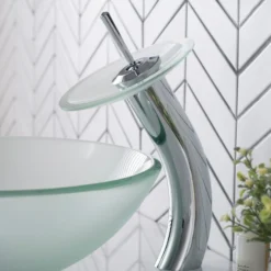 Waterfall Bathroom Faucet with Frosted Glass Disk in Chrome
