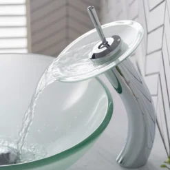 Waterfall Bathroom Faucet with Frosted Glass Disk in Chrome