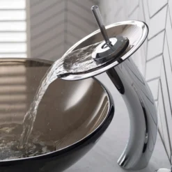 Waterfall Bathroom Faucet with Clear Brown Glass Disk in Chrome