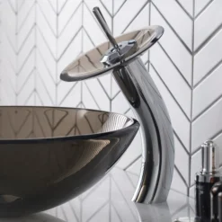 Waterfall Bathroom Faucet with Clear Brown Glass Disk in Chrome