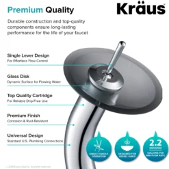 Waterfall Bathroom Faucet with Frosted Black Glass Disk in Chrome