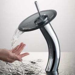 Waterfall Bathroom Faucet with Frosted Black Glass Disk in Chrome