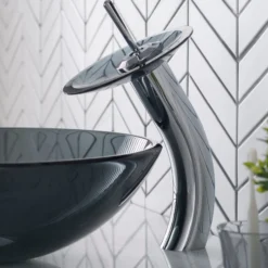 Waterfall Bathroom Faucet with Frosted Black Glass Disk in Chrome