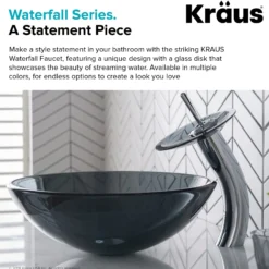 Waterfall Bathroom Faucet with Frosted Black Glass Disk in Chrome