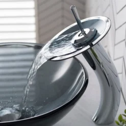 Waterfall Bathroom Faucet with Clear Black Glass Disk in Chrome