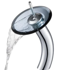 Waterfall Bathroom Faucet with Clear Black Glass Disk in Chrome