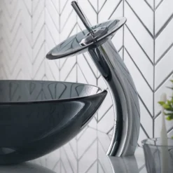 Waterfall Bathroom Faucet with Clear Black Glass Disk in Chrome