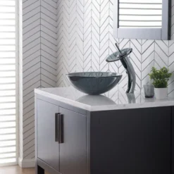 Waterfall Bathroom Faucet with Clear Black Glass Disk in Chrome