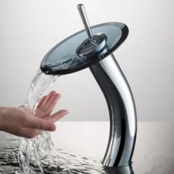 Waterfall Bathroom Faucet with Clear Black Glass Disk in Chrome