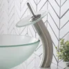 Waterfall Bathroom Faucet with Frosted Glass Disk and Pop-Up Drain in Satin Nickel
