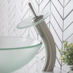 Waterfall Bathroom Faucet with Frosted Glass Disk and Pop-Up Drain in Satin Nickel