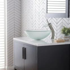 Waterfall Bathroom Faucet with Frosted Glass Disk and Pop-Up Drain in Satin Nickel