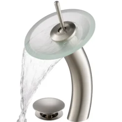 Waterfall Bathroom Faucet with Frosted Glass Disk and Pop-Up Drain in Satin Nickel