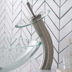 Waterfall Bathroom Faucet with Clear Glass Disk and Pop-Up Drain in Satin Nickel
