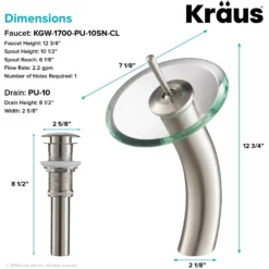 Waterfall Bathroom Faucet with Clear Glass Disk and Pop-Up Drain in Satin Nickel