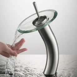Waterfall Bathroom Faucet with Clear Glass Disk and Pop-Up Drain in Satin Nickel