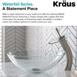 Waterfall Bathroom Faucet with Clear Glass Disk and Pop-Up Drain in Satin Nickel