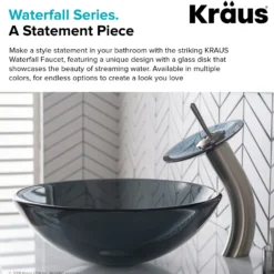 Waterfall Bathroom Faucet with Frosted Black Glass Disk and Pop-Up Drain in Satin Nickel