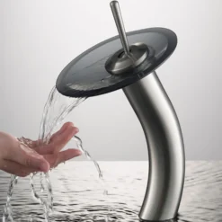 Waterfall Bathroom Faucet with Frosted Black Glass Disk and Pop-Up Drain in Satin Nickel