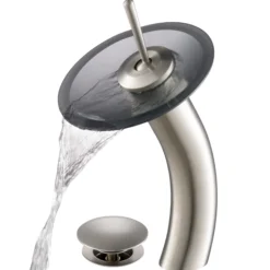 Waterfall Bathroom Faucet with Frosted Black Glass Disk and Pop-Up Drain in Satin Nickel