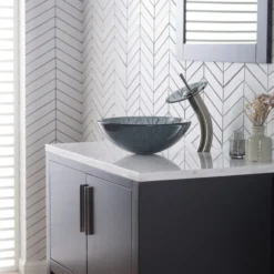 Waterfall Bathroom Faucet with Frosted Black Glass Disk and Pop-Up Drain in Satin Nickel