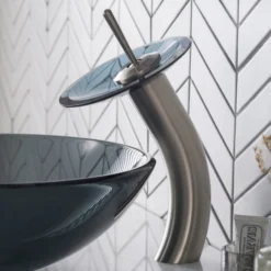 Waterfall Bathroom Faucet with Frosted Black Glass Disk and Pop-Up Drain in Satin Nickel