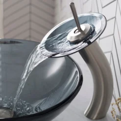 Waterfall Bathroom Faucet with Frosted Black Glass Disk and Pop-Up Drain in Satin Nickel