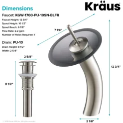 Waterfall Bathroom Faucet with Frosted Black Glass Disk and Pop-Up Drain in Satin Nickel