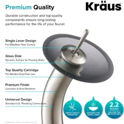 Waterfall Bathroom Faucet with Frosted Black Glass Disk and Pop-Up Drain in Satin Nickel