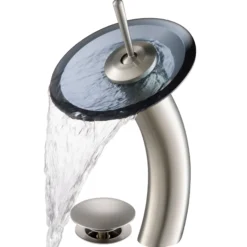 Waterfall Bathroom Faucet with Clear Black Glass Disk and Pop-Up Drain in Satin Nickel