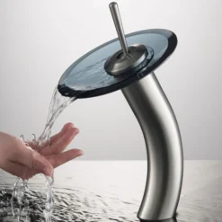 Waterfall Bathroom Faucet with Clear Black Glass Disk and Pop-Up Drain in Satin Nickel
