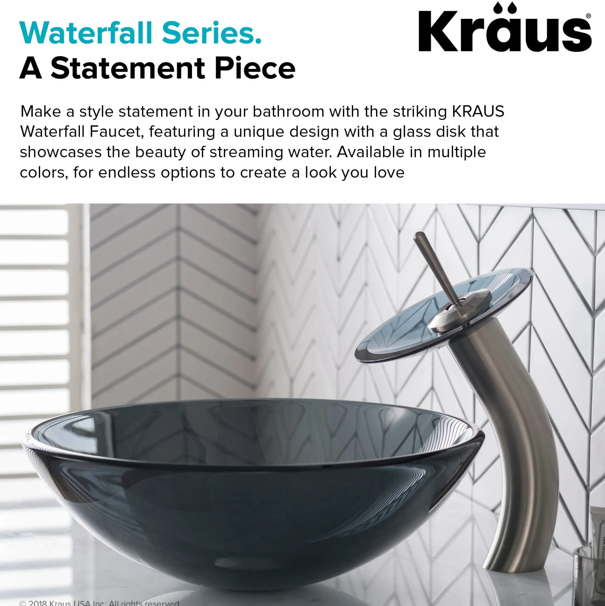Waterfall Bathroom Faucet with Clear Black Glass Disk and Pop-Up Drain in Satin Nickel