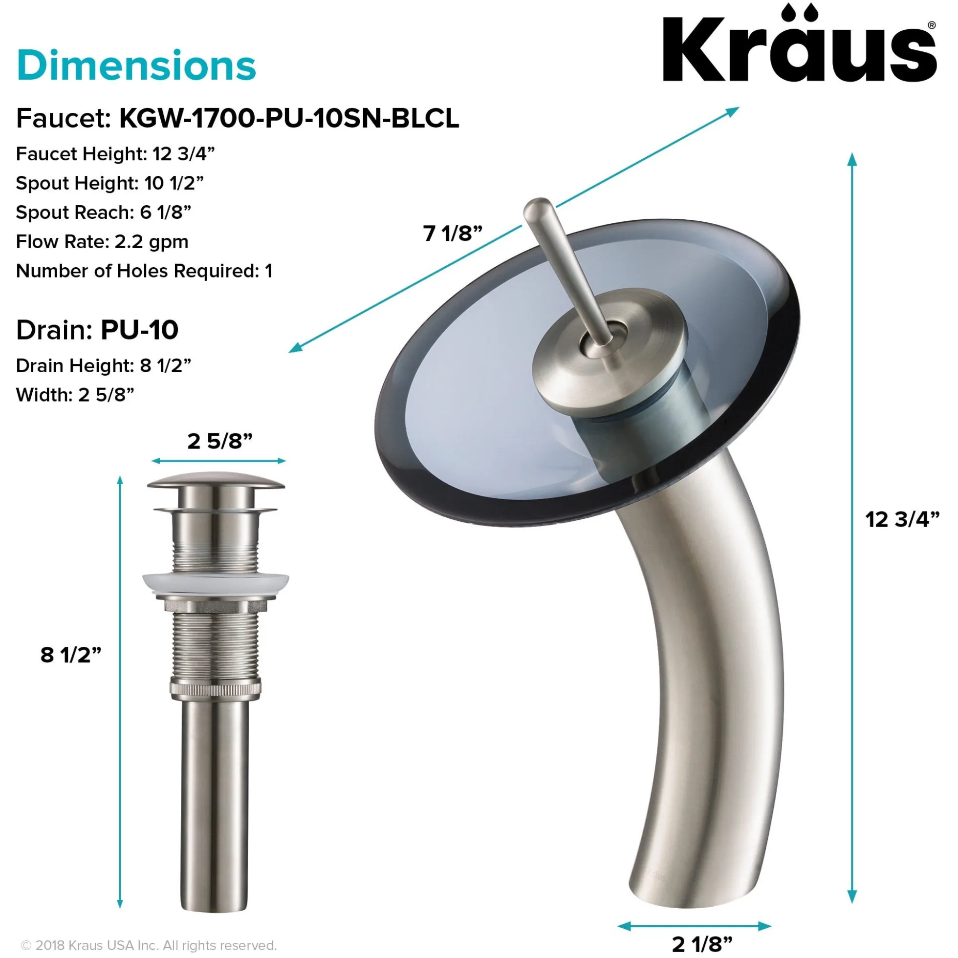 Waterfall Bathroom Faucet with Clear Black Glass Disk and Pop-Up Drain in Satin Nickel