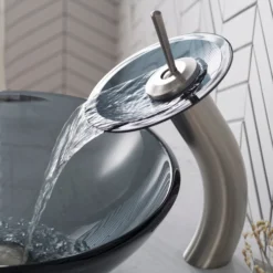 Waterfall Bathroom Faucet with Clear Black Glass Disk and Pop-Up Drain in Satin Nickel