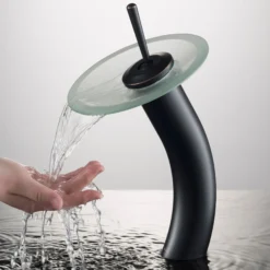 Waterfall Bathroom Faucet with Frosted Glass Disk and Pop-Up Drain in Oil Rubbed Bronze