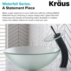 Waterfall Bathroom Faucet with Frosted Glass Disk and Pop-Up Drain in Oil Rubbed Bronze