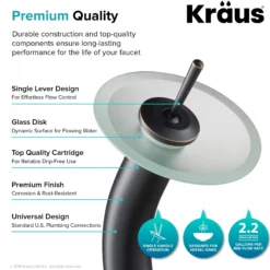 Waterfall Bathroom Faucet with Frosted Glass Disk and Pop-Up Drain in Oil Rubbed Bronze