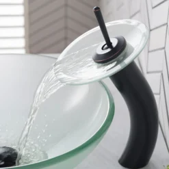 Waterfall Bathroom Faucet with Frosted Glass Disk and Pop-Up Drain in Oil Rubbed Bronze