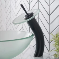 Waterfall Bathroom Faucet with Frosted Glass Disk and Pop-Up Drain in Oil Rubbed Bronze