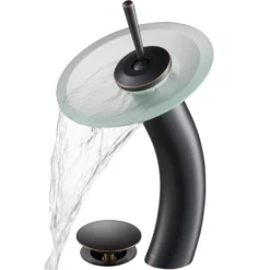 Waterfall Bathroom Faucet with Frosted Glass Disk and Pop-Up Drain in Oil Rubbed Bronze