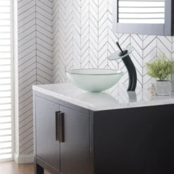 Waterfall Bathroom Faucet with Frosted Glass Disk and Pop-Up Drain in Oil Rubbed Bronze