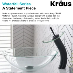 Waterfall Bathroom Faucet with Clear Glass Disk and Pop-Up Drain in Oil Rubbed Bronze