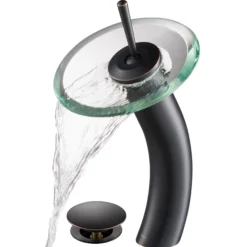 Waterfall Bathroom Faucet with Clear Glass Disk and Pop-Up Drain in Oil Rubbed Bronze