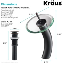 Waterfall Bathroom Faucet with Clear Glass Disk and Pop-Up Drain in Oil Rubbed Bronze