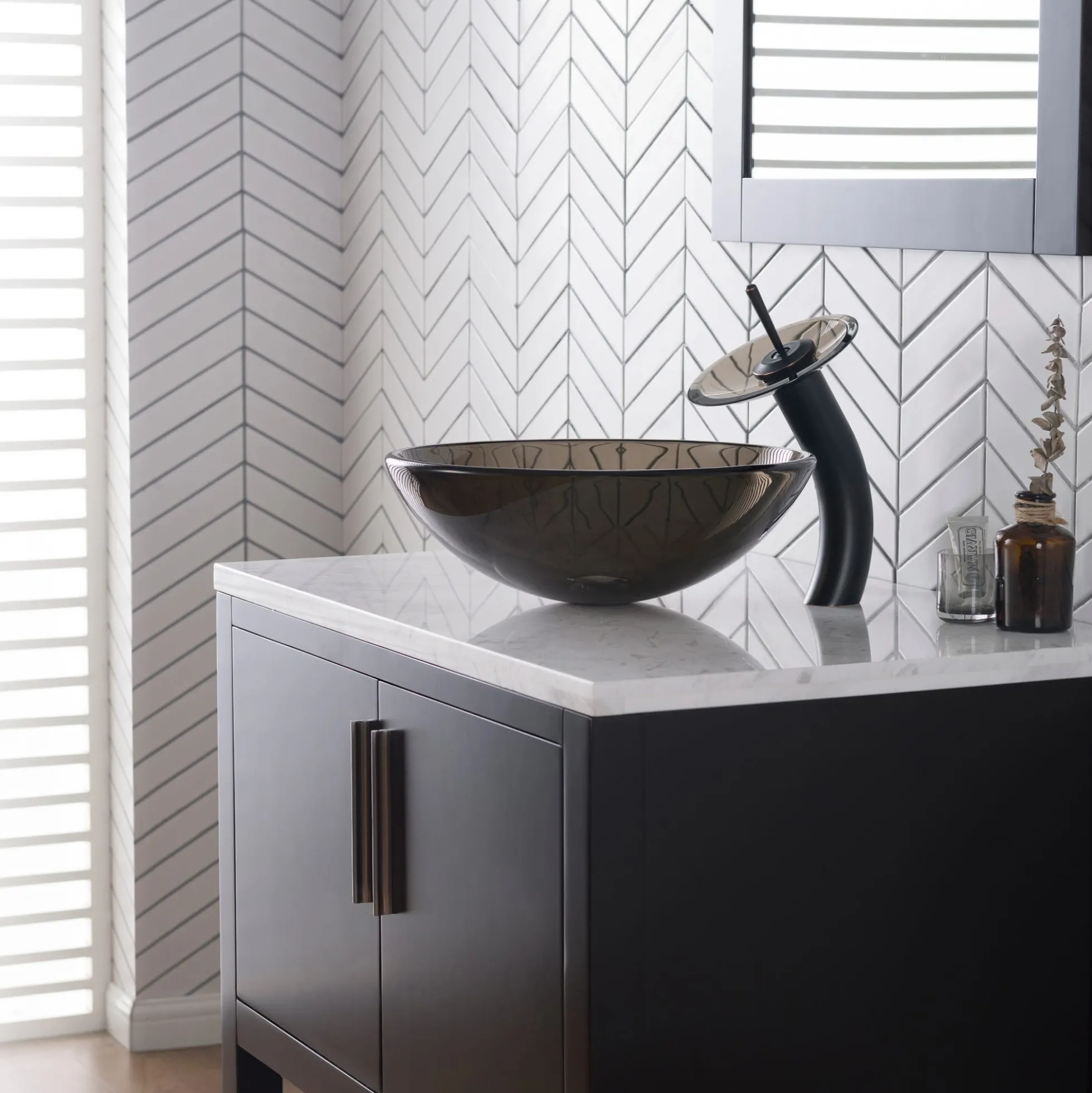 Waterfall Bathroom Faucet with Clear Brown Glass Disk and Pop-Up Drain in Oil Rubbed Bronze